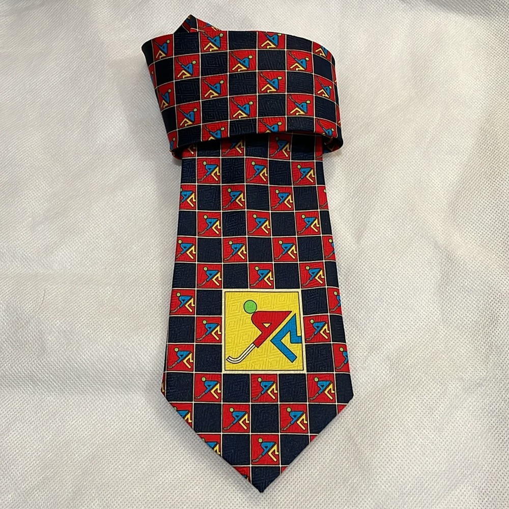 Hermes Red and Blue Yellow Geometric Tie